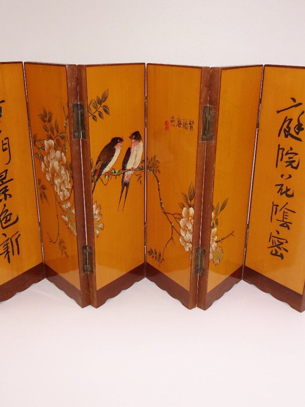 Vintage Mini Chinese 6-Panel Folding Wood Tabletop Screen Swallows Blossoms